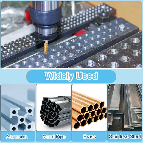 Drill press using 14 Piece Spiral Point Tap Set for Metric Threads M2 to M6 Titanium Coated High Speed Steel Taps