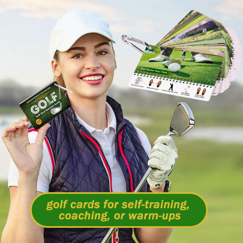Smiling golfer holding iron club with Pocket Sized Golf Reference Cards Durable PVC Cards With Tips For Iron Shots On The Go