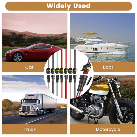 Heavy Duty 2 Pin Waterproof Wire Connector Set With 15 Cm Copper Leads and Heat Shrink Tubing shown on car, boat, truck, and motorcycle images.