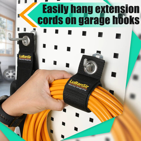 9 Pack Heavy Duty Extension Cord Holder Organizers for garage wall storage on pegboard, holding orange cords securely