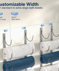 4 Tier Wall Mounted Towel Rack Organizer For Towels Blankets And Bath Sheets Space Saving Storage For Small Bathrooms RV Closets Cabinets With Adjustable Width Silver Finish And Easy Access showing silver hooks and rolled towels