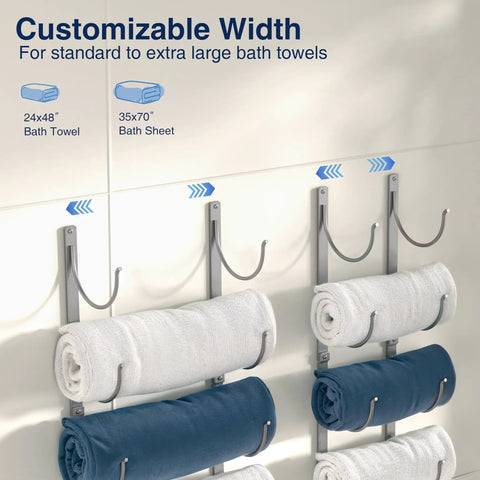 4 Tier Wall Mounted Towel Rack Organizer For Towels Blankets And Bath Sheets Space Saving Storage For Small Bathrooms RV Closets Cabinets With Adjustable Width Silver Finish And Easy Access showing silver hooks and rolled towels