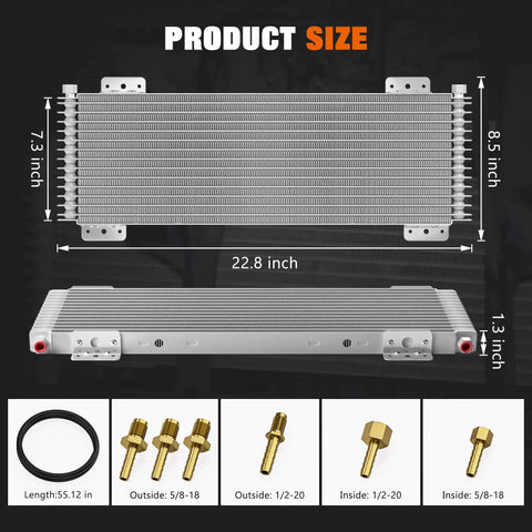 Low Pressure Drop 40k Transmission Oil Cooler Kit with mounting hardware and dimensions for truck use