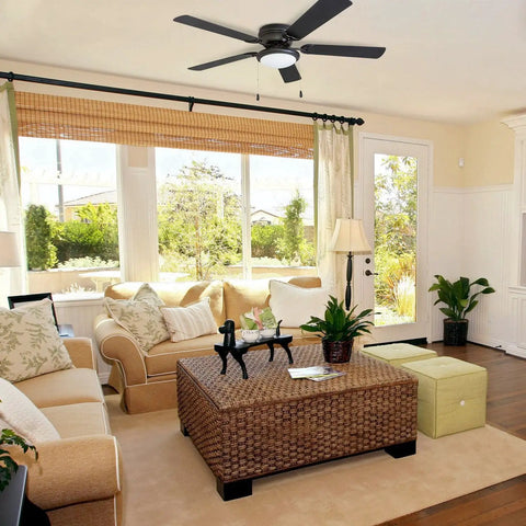 Living room with Hugger 52-Inch Matte Black Ceiling Fan With Bowl Light Kit Low Ceiling Friendly Dimmable Frosted Light 5-Blade Matte Black Finish 11.5 Inch Drop West Hill Style installed.