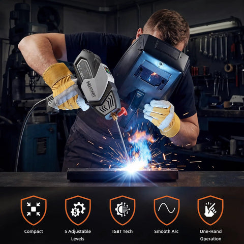 Person using Portable 110V Arc Welder With IGBT Inverter Five Adjustable Current Settings For 3/32 To 1/8 Inch Rods Includes Welding Helmet