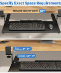 Under Desk Keyboard Tray That Slides Out Like A Boss Full Metal Build Rust Resistant And Scratch Proof Double C Clamps 26x13 Inch Tray For L Shape And Regular Desks Great For Standing Or Sitting Workstations Black shown under wooden desk with measurements.