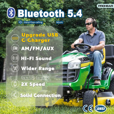 Man wearing AM FM Bluetooth Five Point Four Radio Headphones With USB C Rechargeable 2000mAh Battery for Lawn Mowing Hearing Protection