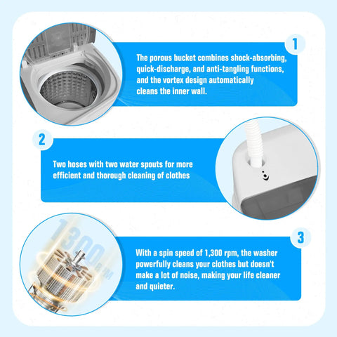 Game Changing Portable Washer And Dryer Combo Featuring An 18 Pound Twin Tub Setup Built To Crush Daily Dirt In Small Spaces Like Dorm Rooms Rvs And Trailers While Rolling Out Silver Ion Freshness With Zero Sweat, showing porous bucket and water hoses.