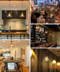 Dimmable Vintage Edison LED Bulb Pack Of 6 With Warm White 2700K Glow E26 Base in various home and restaurant settings.