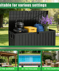 75 Gallon Outdoor Storage Box Weatherproof And Lockable For Patio Cushions, Garden Tools, And Outdoor Gear Black shown with lid open