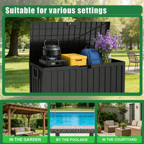 75 Gallon Outdoor Storage Box Weatherproof And Lockable For Patio Cushions, Garden Tools, And Outdoor Gear Black shown with lid open