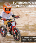 Lightweight Electric Dirt Bike For Kids Kid Friendly, 24V Detachable Battery, 170 340W Motor, Dual Hand Brakes, Twist Throttle, Off Road Electric Balance Bike For Ages 3 To 12, Speeds Up To 10 To 12 MPH, Safe For Beginners And Fun. Child riding red kids electric dirt bike on dirt path with orange helmet