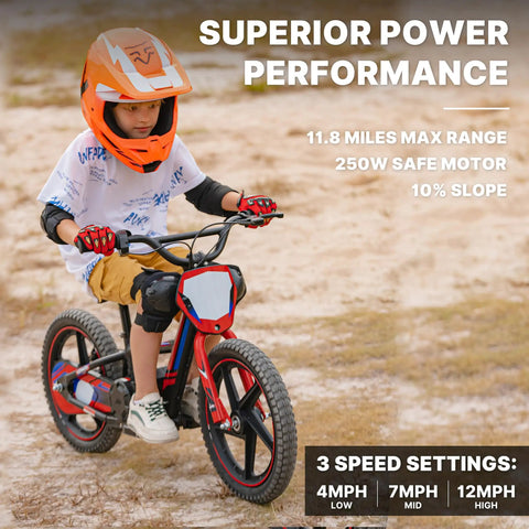 Lightweight Electric Dirt Bike For Kids Kid Friendly, 24V Detachable Battery, 170 340W Motor, Dual Hand Brakes, Twist Throttle, Off Road Electric Balance Bike For Ages 3 To 12, Speeds Up To 10 To 12 MPH, Safe For Beginners And Fun. Child riding red kids electric dirt bike on dirt path with orange helmet