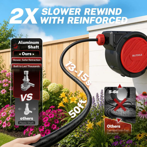 Retractable Garden Hose Reel One Half Inch By 50 Ft Wall Mounted Outdoor Hose Organizer With Any Length Lock Slow Auto Rewind