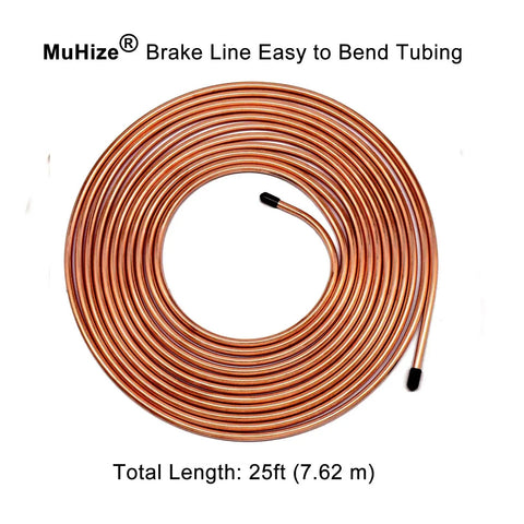 Upgraded 25 Feet 3 By 16 Inch Copper Coated Brake Line Tubing Kit With 16 Fittings coiled, showcasing its easy bend feature.