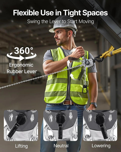 Manual lever chain hoist, 1/2 ton capacity, in use by worker in safety vest; steel chain and rotating hook