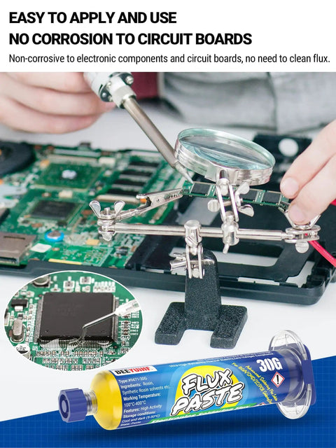 Rosin Paste Soldering Flux No Clean Rosin Solder Flux Paste for IC and SMD rework, 30mL syringe in electronics repair setup