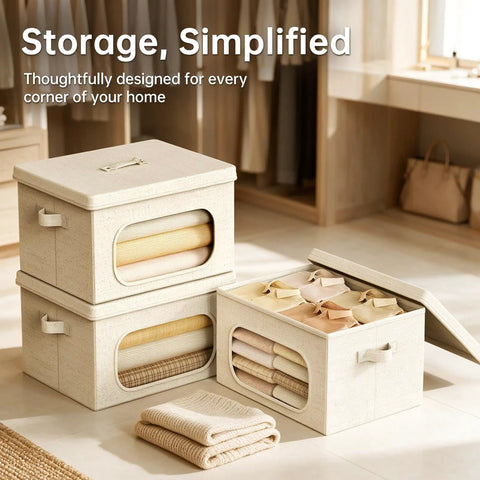 Large Cotton Linen Storage Bins With Lids 2 Pack Closet Organizer holding neatly folded towels in a well-lit room.