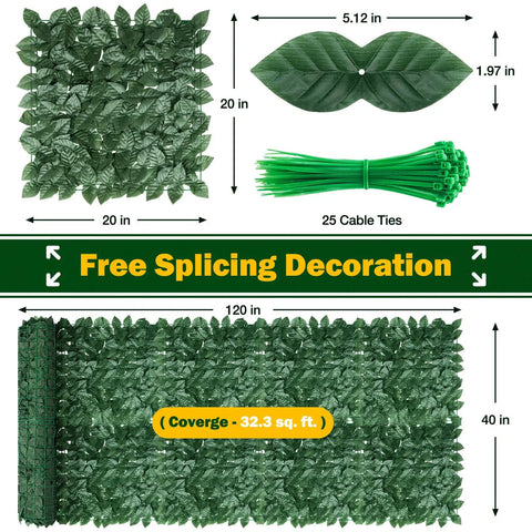 Dense Green Ivy Privacy Fence Screen 120x40 Inch With Realistic Faux Ivy Leaves showing dimensions and cable ties