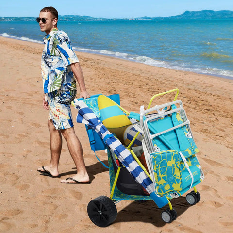 Man pulling All Terrain Beach Wagon With Oversized Sand Wheels Collapsible Cart With Cooler Bag And Umbrella Holder No Sweat Haul On The Sand