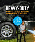 Heavy-Duty Non-Expandable 75 Feet Stainless Steel Garden Hose With Durable Fabric Skin in garden and commercial use display.