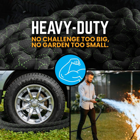 Heavy-Duty Non-Expandable 75 Feet Stainless Steel Garden Hose With Durable Fabric Skin in garden and commercial use display.