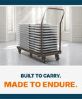 Heavy Duty Folding Chair Dolly Cart With 1100 Lb Capacity, Steel Construction, stacked with chairs, in a spacious room.