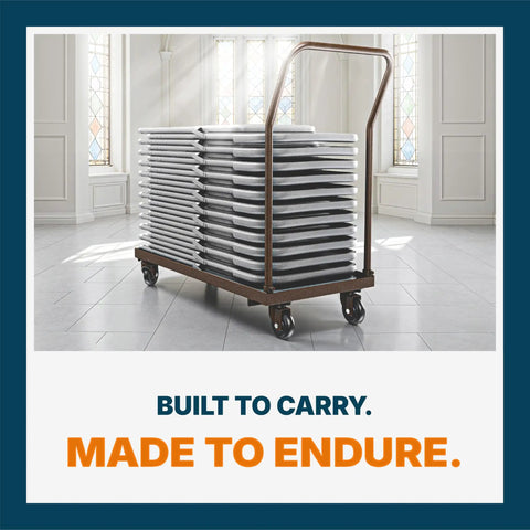 Heavy Duty Folding Chair Dolly Cart With 1100 Lb Capacity, Steel Construction, stacked with chairs, in a spacious room.