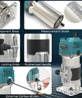 Powerful Compact Wood Router Tool 800W 30000 RPM Workhorse showing features like transparent base and rubberized handle.