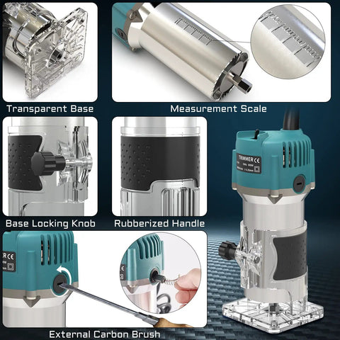 Powerful Compact Wood Router Tool 800W 30000 RPM Workhorse showing features like transparent base and rubberized handle.