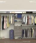 Kick Your Closet Cleanup Into High Gear With This Sturdy Wood System Featuring Four Slide Out Drawers Flexible Shelving And Three Expandable Rods That Honestly Maximizes Every Inch In Sleek Graphite Grey with hanging clothes and storage.