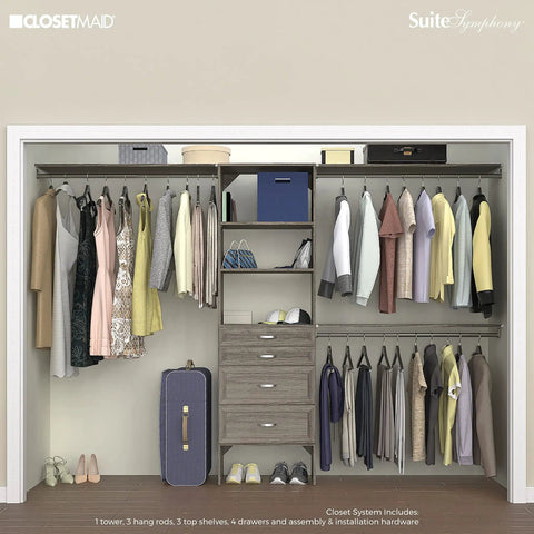 Kick Your Closet Cleanup Into High Gear With This Sturdy Wood System Featuring Four Slide Out Drawers Flexible Shelving And Three Expandable Rods That Honestly Maximizes Every Inch In Sleek Graphite Grey with hanging clothes and storage.