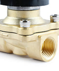 Close-up of 1/2 Inch Brass Electric Solenoid Valve 110V AC Normally Closed IP67 Waterproof Heavy Duty Underwater Ready For Water Non Potable Air Oil Fuel Viton Seal Durable Brass Body showing brass material and threading.