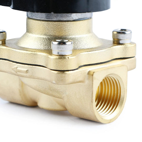 Close-up of 1/2 Inch Brass Electric Solenoid Valve 110V AC Normally Closed IP67 Waterproof Heavy Duty Underwater Ready For Water Non Potable Air Oil Fuel Viton Seal Durable Brass Body showing brass material and threading.
