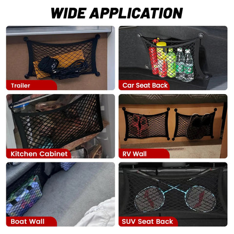 Collage showing Universal Elastic Cargo Net Pocket Mesh Organizer in various uses: trailer, car seat back, kitchen cabinet, RV, boat, and SUV.