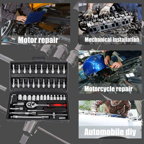 Heavy Duty 46 Piece Drive Socket Ratchet Wrench Set With One Quarter Inch Metric Hex Sockets for automotive and motorcycle repair