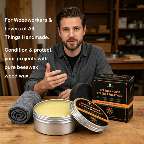 Premium Beeswax Wood Polish That Keeps Your Furniture Lookin Sharp And Ready For The Long Haul, wood finish care products on a table.