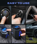 Collage showing Portable 12V Car Tire Inflator Air Pump With LED Light in use, connected to car tire, plug and digital gauge details.