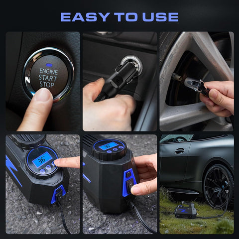 Collage showing Portable 12V Car Tire Inflator Air Pump With LED Light in use, connected to car tire, plug and digital gauge details.