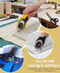 All-In-One Sewing And Quilting Kit With 45mm Rotary Cutter A3 Cutting Mat Fabric Scissors Three Replacement Blades Two Quilting Rulers No Fuss Sewing Clips For Easy Fabric Cutting Patchwork Quilting And Sewing shown in use with various tools on a table.