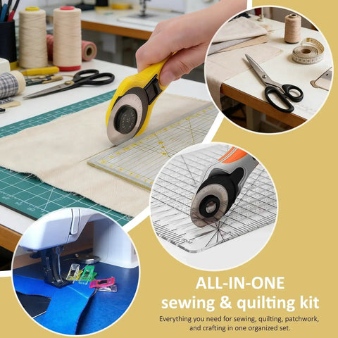 All-In-One Sewing And Quilting Kit With 45mm Rotary Cutter A3 Cutting Mat Fabric Scissors Three Replacement Blades Two Quilting Rulers No Fuss Sewing Clips For Easy Fabric Cutting Patchwork Quilting And Sewing shown in use with various tools on a table.