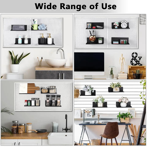 Six Pack Magnetic Pegboard Shelves With Lip Edge for garage, workshop, craft room shown holding jars, decor, utensils on pegboard.