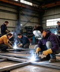 Workers using Pro Grade Auto Darkening Welding Helmet With Smart Sensor True Color HD Clarity Arc Protection in workshop.