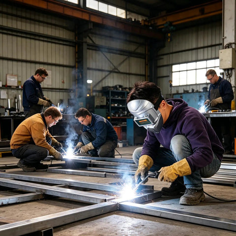 Workers using Pro Grade Auto Darkening Welding Helmet With Smart Sensor True Color HD Clarity Arc Protection in workshop.