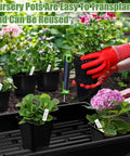 Gardener transplanting flowers with 5 Piece Seed Starter Tray Kit With 60 Square 3.5 Inch Pots, No Drain Holes On Trays, Includes 60 Plant Tags