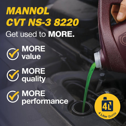 Mannol CVT NS-3 synthetic CVT transmission fluid, 4L bottle, green fluid being poured into car transmission (front view)