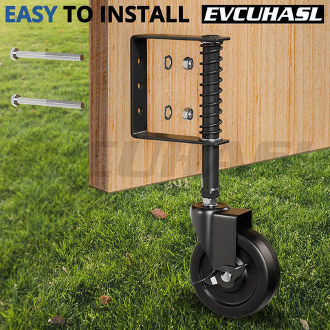 4 Inch Spring Loaded Gate Caster Wheel With Side Brake attached to wooden gate, displaying 360 swivel and shock absorbing spring.