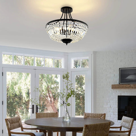 Crystal Ceiling Light Fixture 19.5 Inch With 5 Light Raindrop Semi Flush Mount Chandelier in dining room setting.