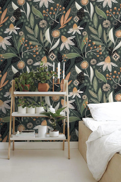 Dark Green Boho Peel and Stick Wallpaper Removable Floral Botanical Print for Bathrooms and Living Spaces with Shelves