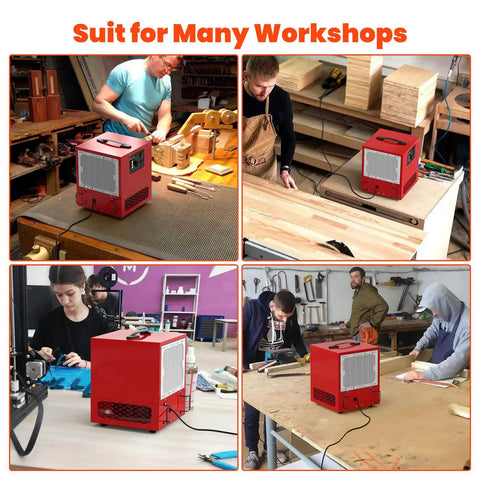 Tabletop Dust Collector For Woodworking in various workshops, portable air filter system with built-in ionizer and timer, sleek design.